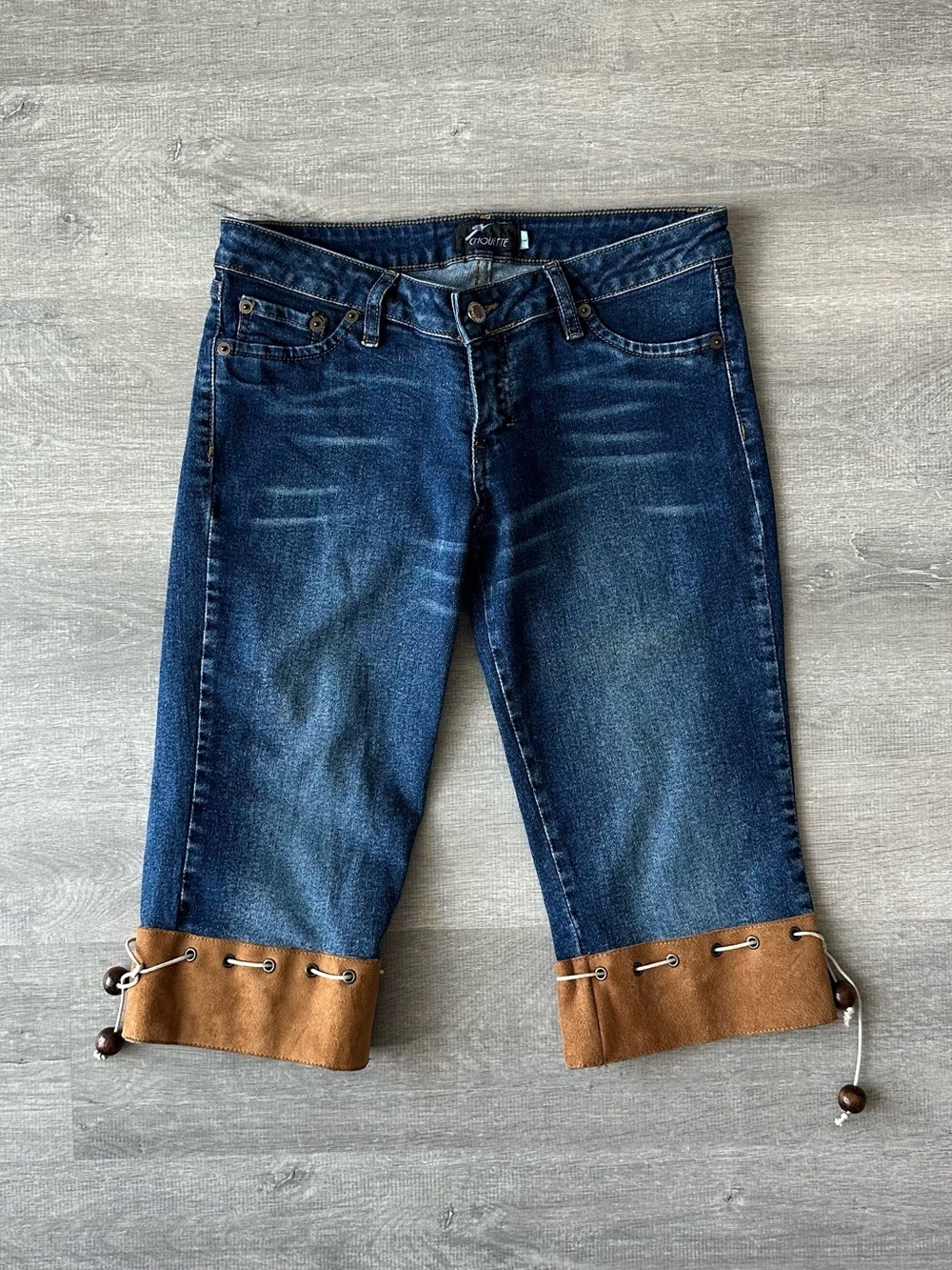 Chouette Boho Cowboy Dark Blue Denim Capris with Brown Cuff Detail